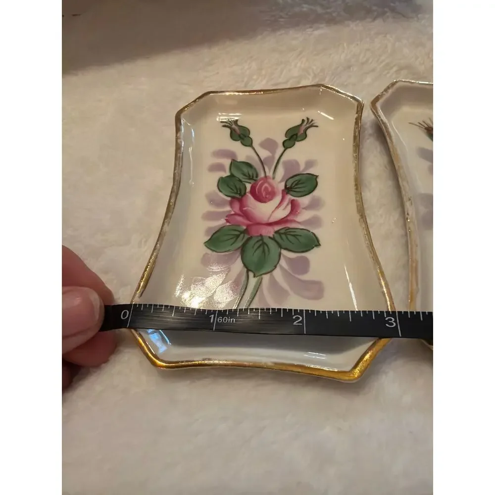 Set of 3 Vintage Weisley China Hand Painted Floral Trinket Dishes Gold Trim